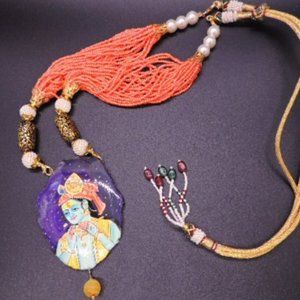 VINTAGE BEADED TRIBAL NECKLACE BOHO HAND PAINTED PENDANT PEARLS GOLD BRAIDED